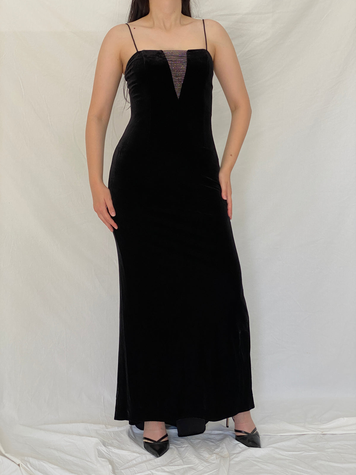 Vintage Betsey & Adam by Jaslene Black Velvet Beaded Illusion Evening Gown – S Vintage Betsey & Adam by Jaslene Black Velvet Beaded Illusion Evening Gown – S
