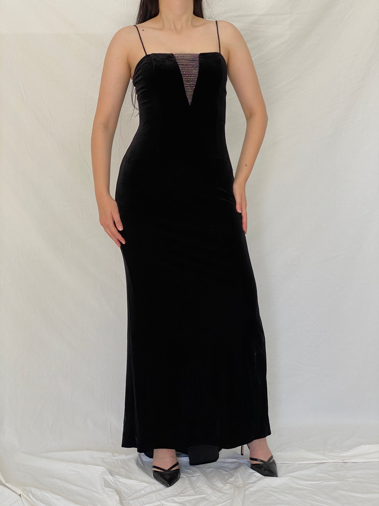 Vintage Betsey & Adam by Jaslene Black Velvet Beaded Illusion Evening Gown – S