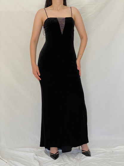 Vintage Betsey & Adam by Jaslene Black Velvet Beaded Illusion Evening Gown – S