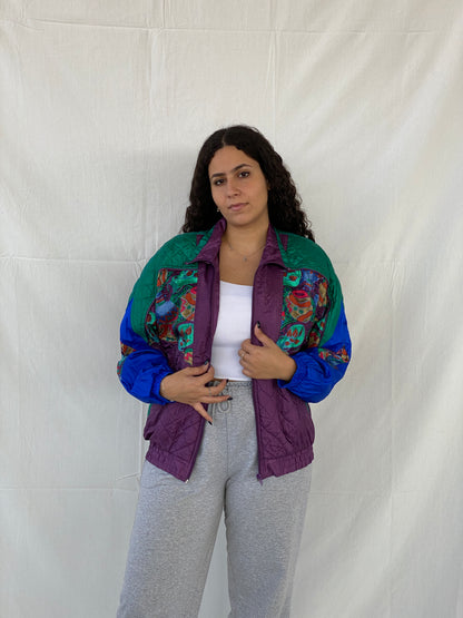 Vintage 80s/90s Active Studio by Div Rousso Quilted Green & Purple Track Windbreaker Jacket - M