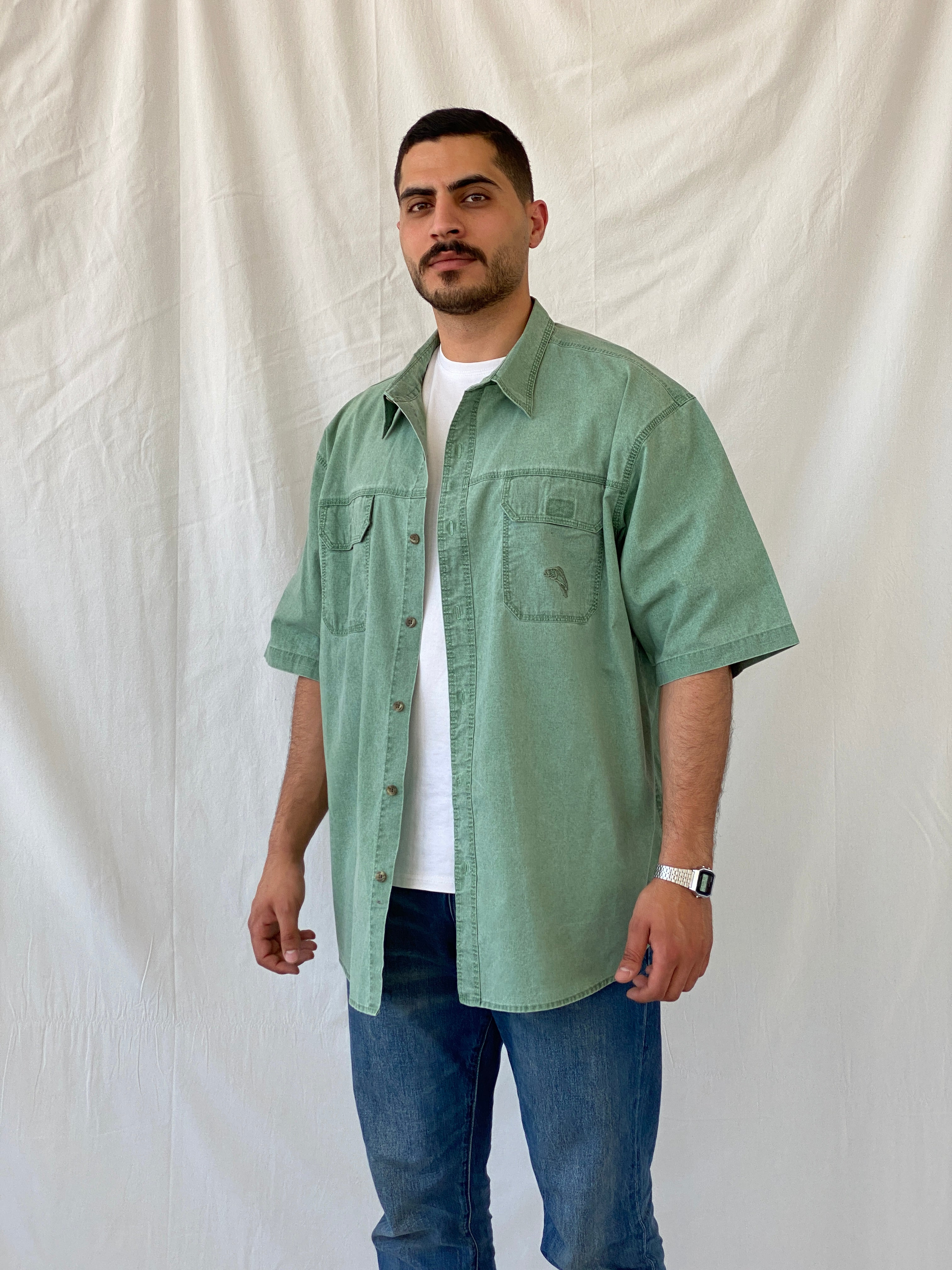 Vintage REDHEAD Men’s Green Short Sleeve Cotton Shirt - 2XL