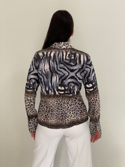 Y2K BiBA Grey & Brown Mixed Animal Print Shirt Ruffle Blouse – M