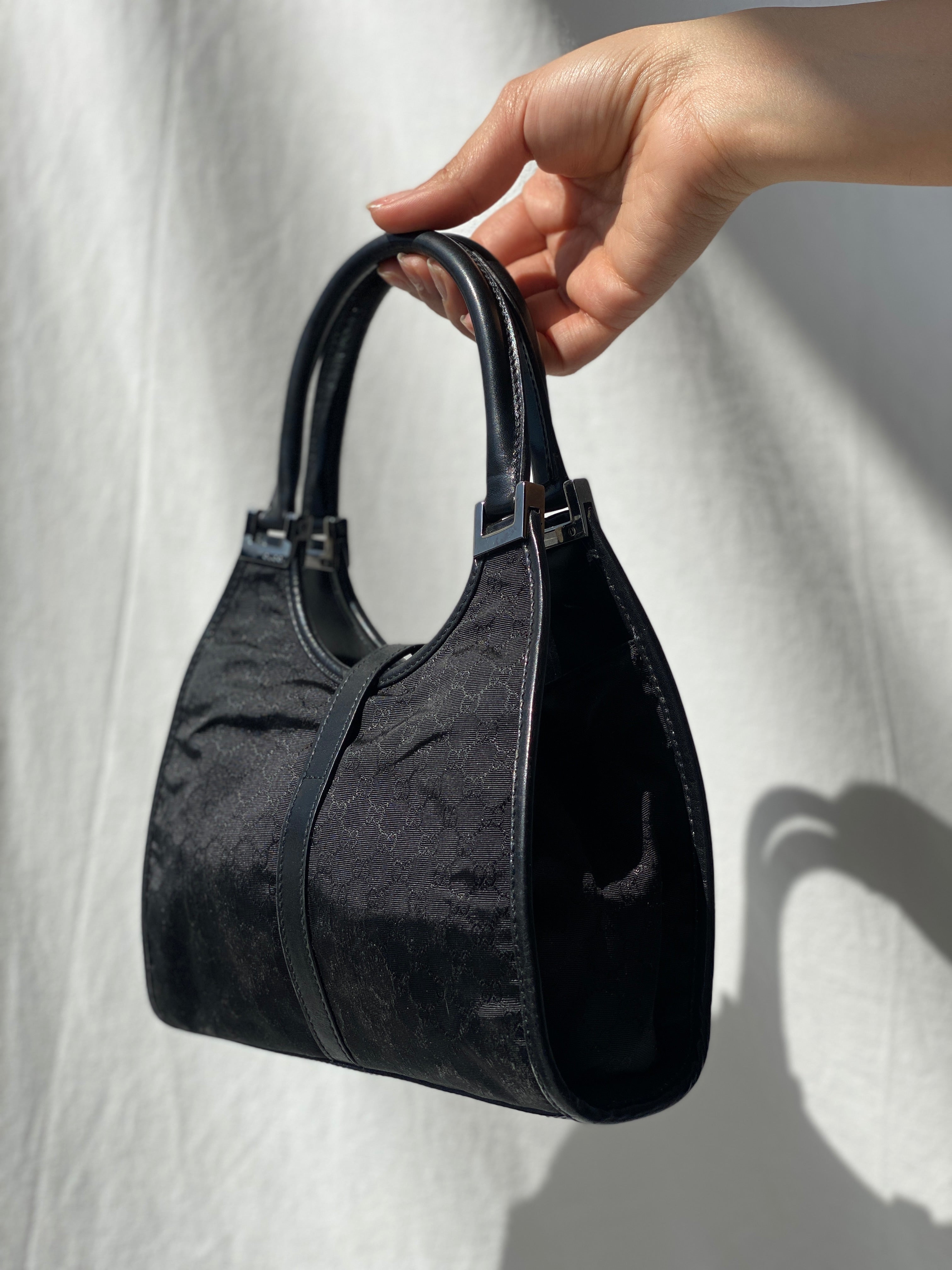 Vintage 00s Gucci Jackie Bardot Black Leather Monogram GG Canvas Mini Handbag