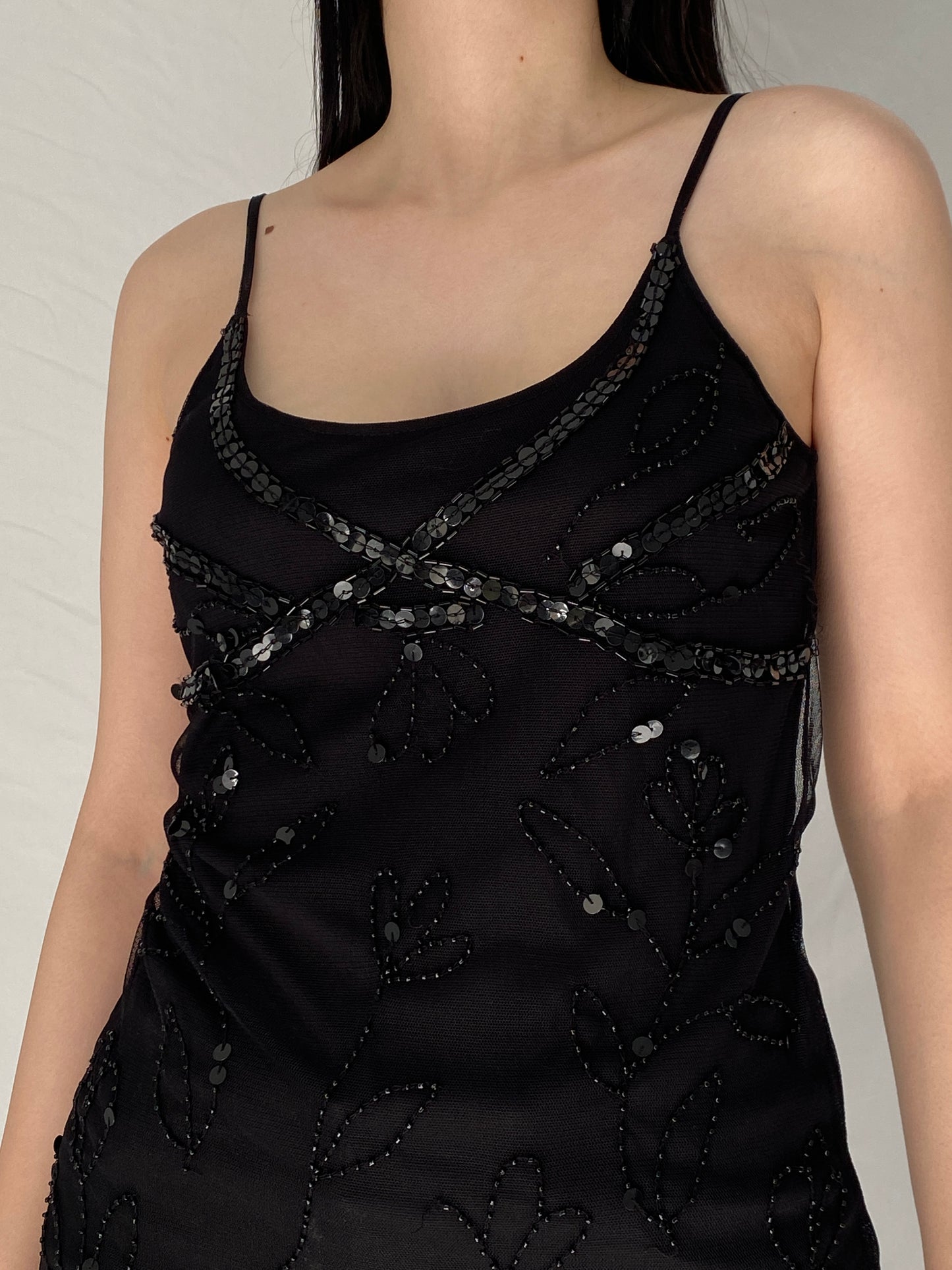 Vintage Y2K Wet Seal Black Beaded Mesh Fairycore Cami Top - M