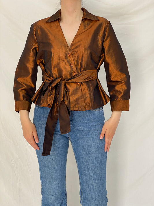 Vintage Pleno Bronze Metallic Wrap Blouse Tie Waist Shimmer Top - L