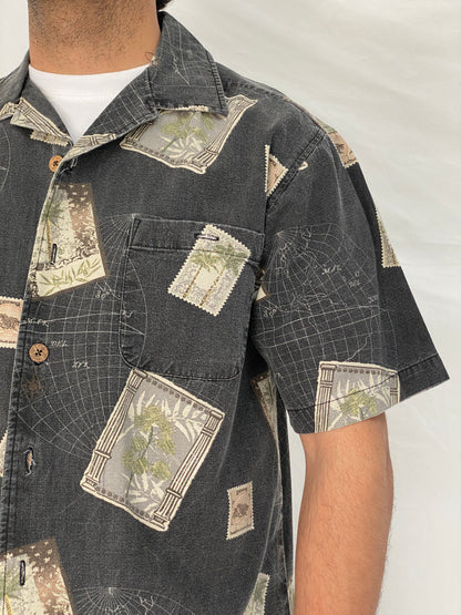 Vintage Joe Marlin Tropical Postcard Print Cotton Rayon Camp Shirt – M