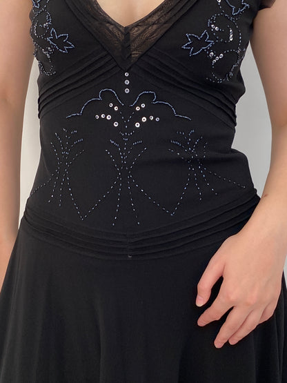 Y2K Mexx Black Beaded Mesh Drop Waist Midi Dress – M