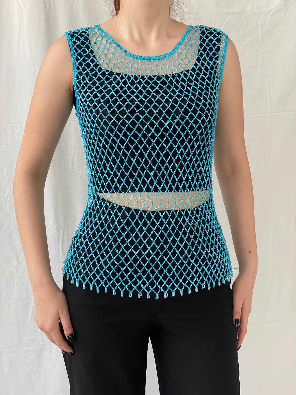 Vintage Y2K 2xtremz Women’s Net Beaded Crochet Blue Top - L