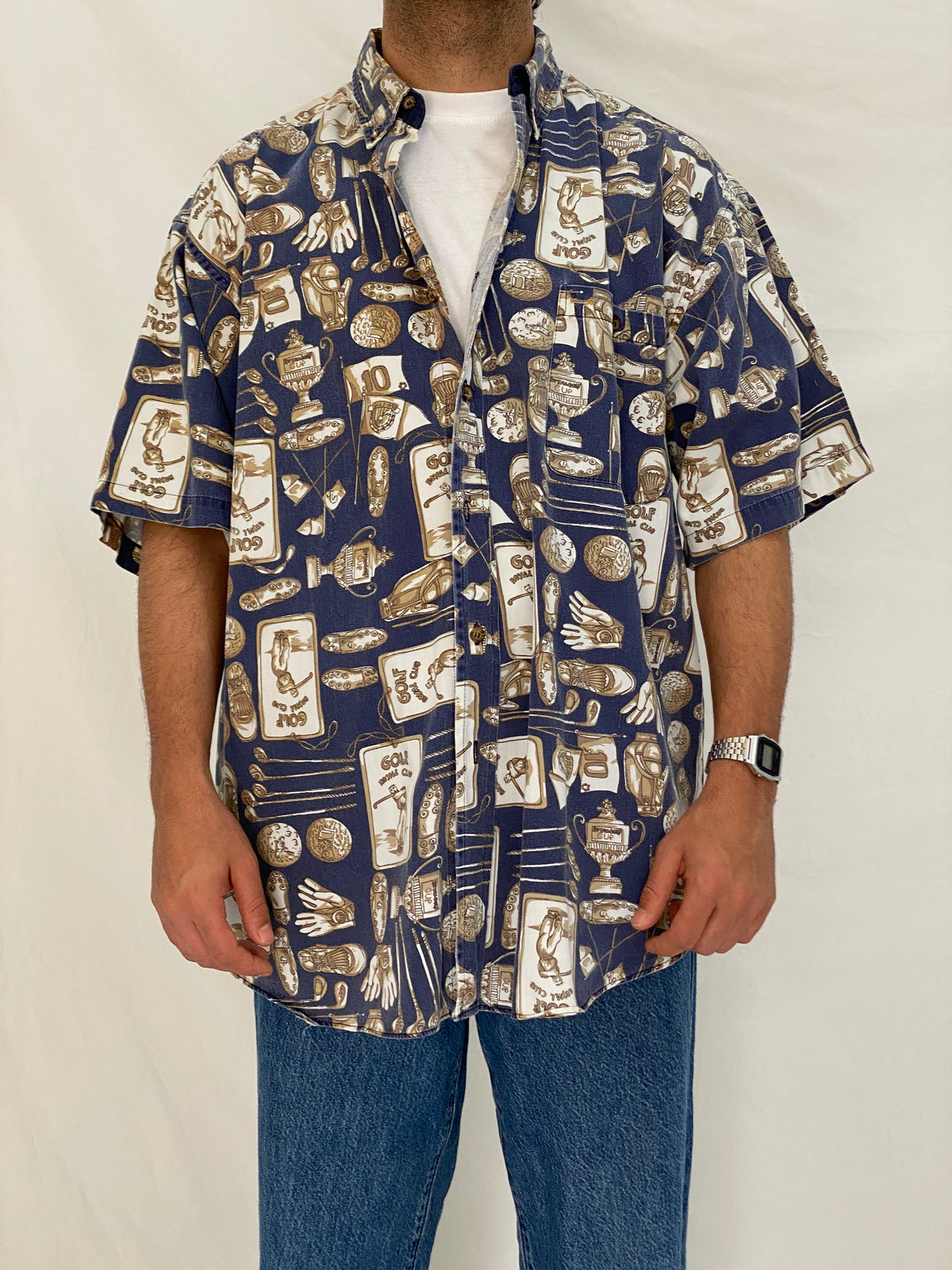 Vintage J.Riggings Golf Print Cotton Shirt Blue Beige Novelty Button Up – XL Vintage J.Riggings Golf Print Cotton Shirt Blue Beige Novelty Button Up – XL