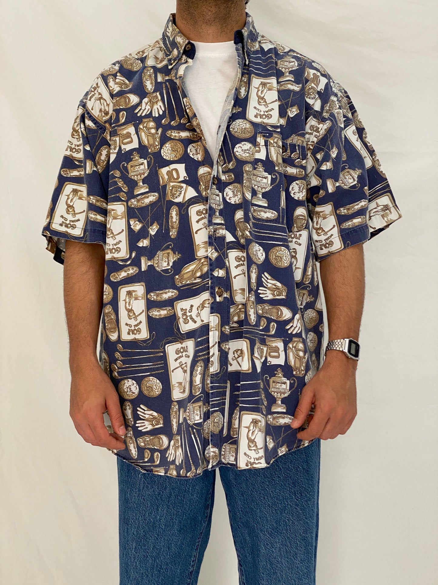 Vintage J.Riggings Golf Print Cotton Shirt Blue Beige Novelty Button Up – XL