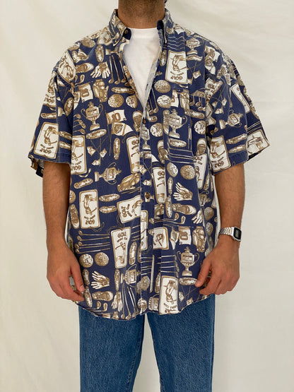 Vintage J.Riggings Golf Print Cotton Shirt Blue Beige Novelty Button Up – XL