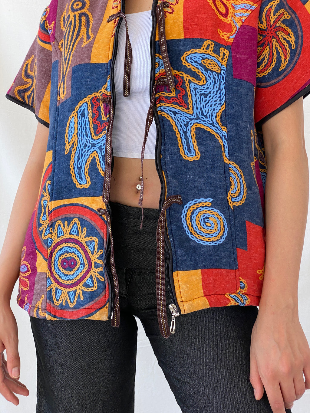 سترة بوليرو يابانية مبطنة متعددة الألوان بتصميم قبلي عرقي - مقاس كبير