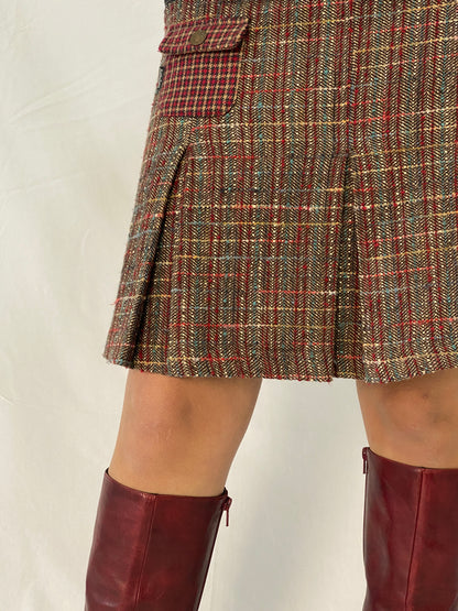 Beautiful Not The Same Red Brown Tweed Pleated Short Belted Skirt - M