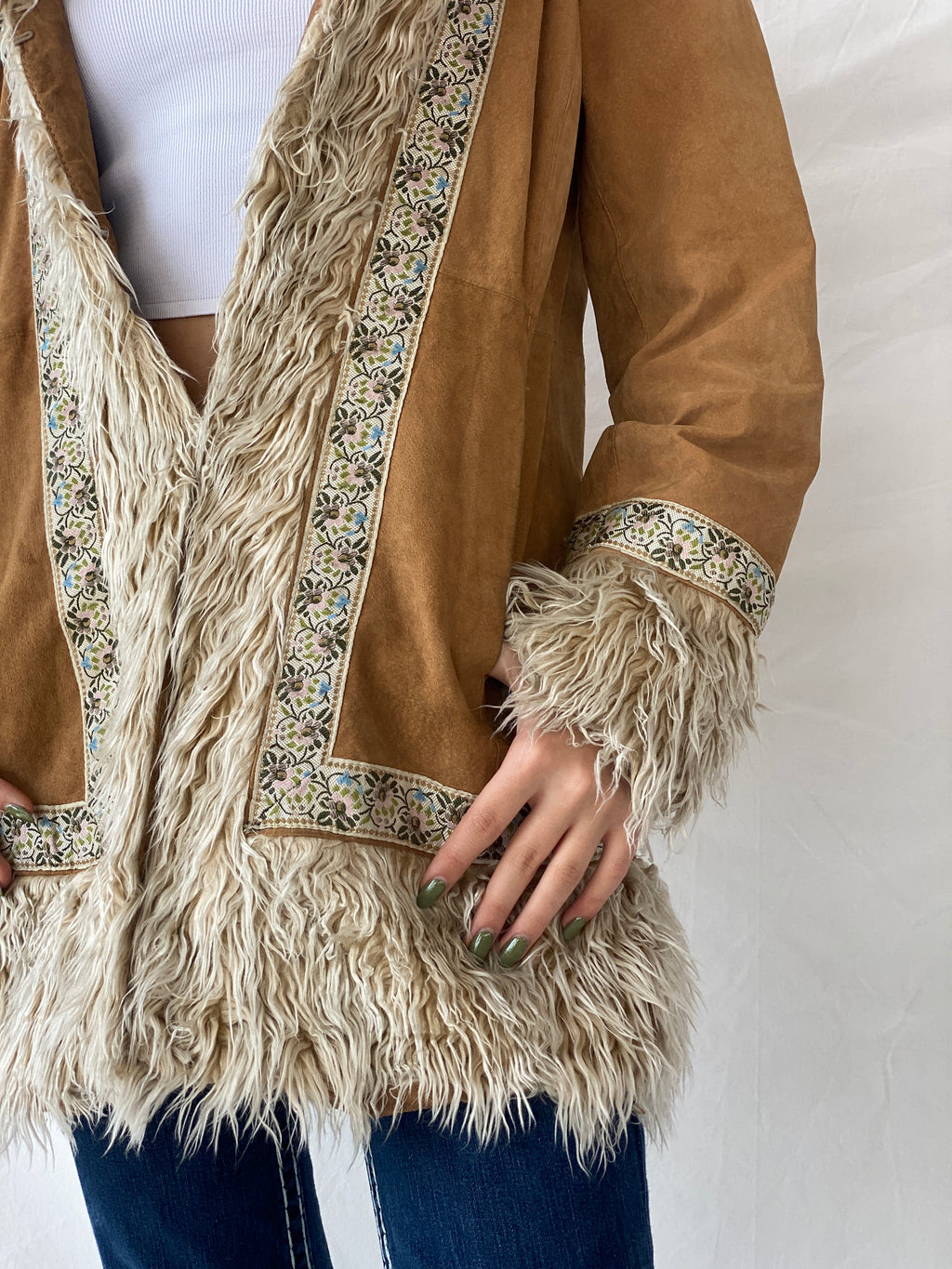 Vintage Y2K Xhilaration Genuine Suede Penny Lane Afghan Style Fur-Lined Floral Embroidered Coat - XL