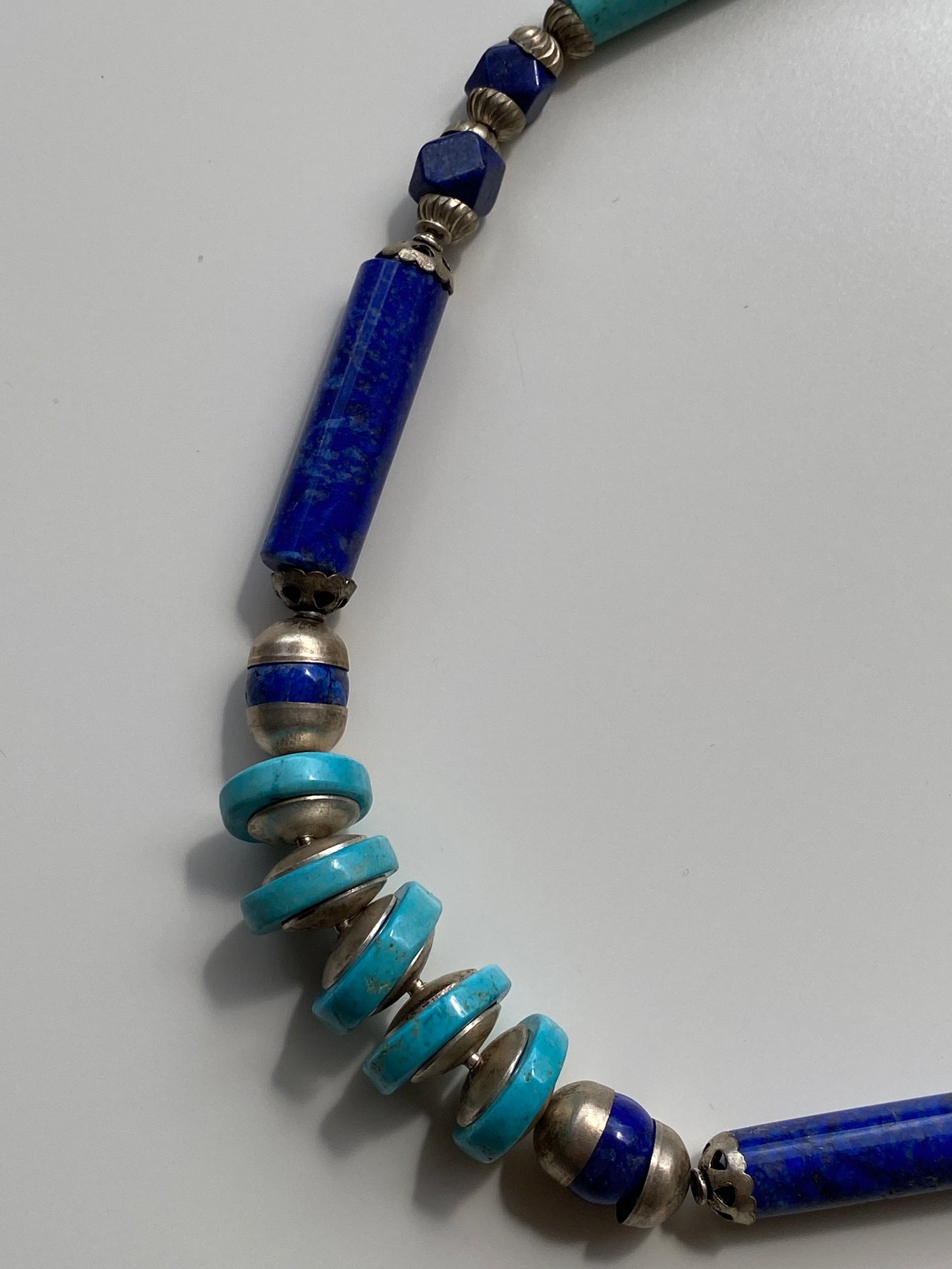 Vintage Lapis Lazuli & Turquoise Stone Beaded Necklace with Silver Spacers