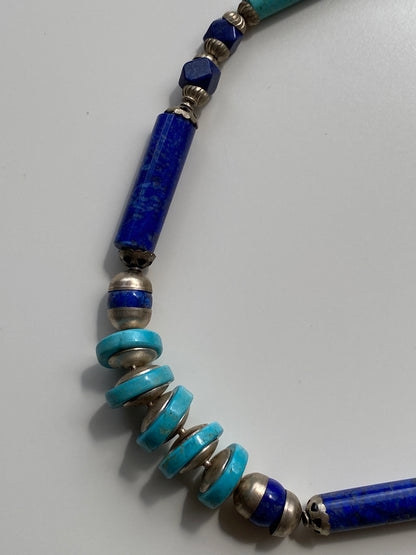 Vintage Lapis Lazuli & Turquoise Stone Beaded Necklace with Silver Spacers