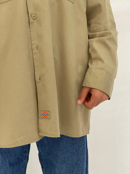 Vintage Dickies Workwear Khaki Button-Up Shirt Beige Utility Work Shirt - XL