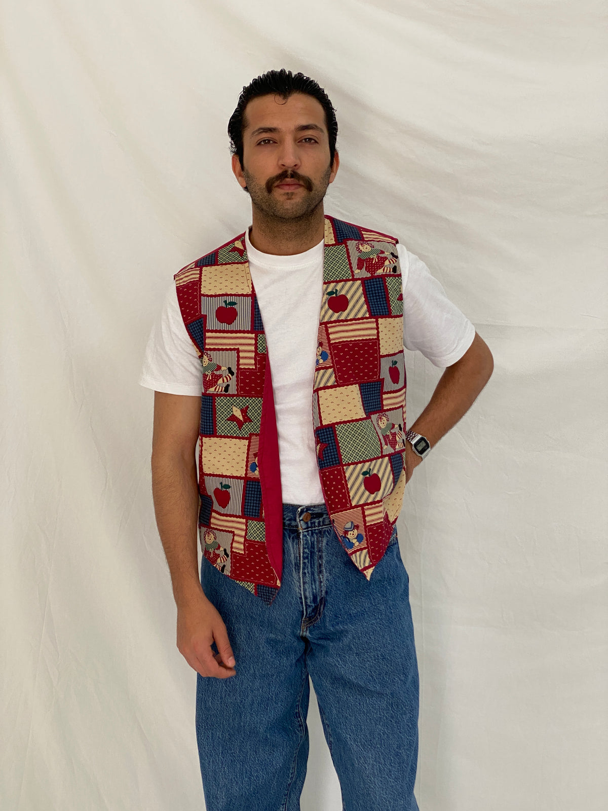 Vintage Handmade Patchwork Novelty Vest Red Folk Cotton Waistcoat – L Vintage Handmade Patchwork Novelty Vest Red Folk Cotton Waistcoat – L