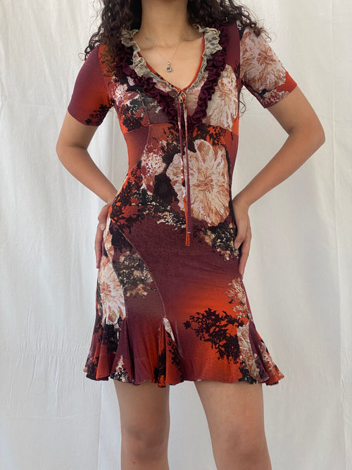 2000s Y2K Just Cavalli by Roberto Cavalli Orange Purple Floral Ruffled Neckline Short Dress - S