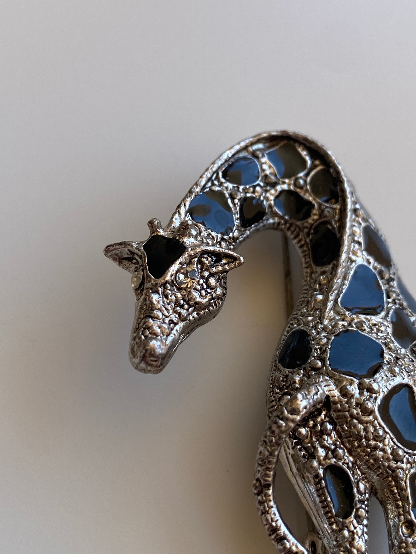 Vintage Silver-Tone Black Enamel & Rhinestone Giraffe Brooch