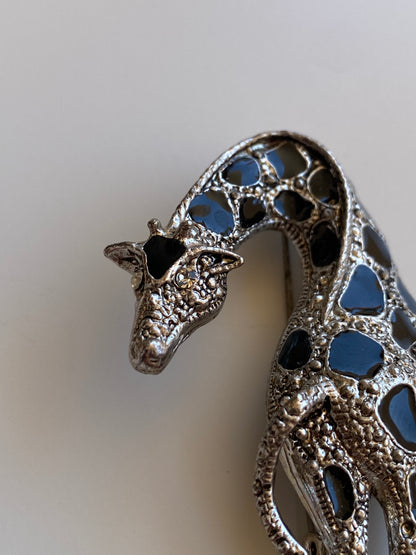 Vintage Silver-Tone Black Enamel & Rhinestone Giraffe Brooch