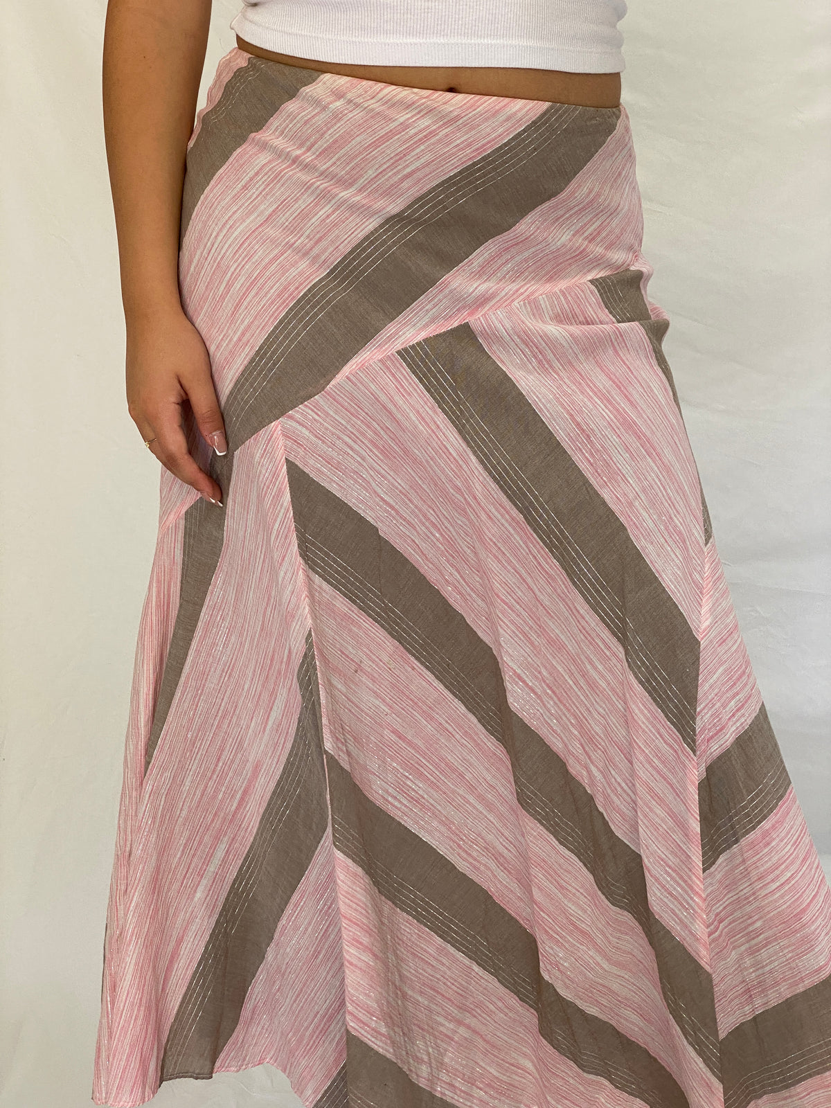 Vintage Y2K Woolworths Woman Pink & Taupe Linen Blend Chevron Maxi Skirt - M Vintage Y2K Woolworths Woman Pink & Taupe Linen Blend Chevron Maxi Skirt - M