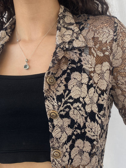Stunning 90s Wallis Petite Gold Black Lace Long Cardigan - M
