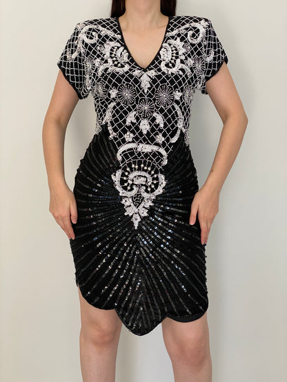 Vintage 80s Laurence Kazar Black & White Silk Beaded Sequin Cocktail Dress - M
