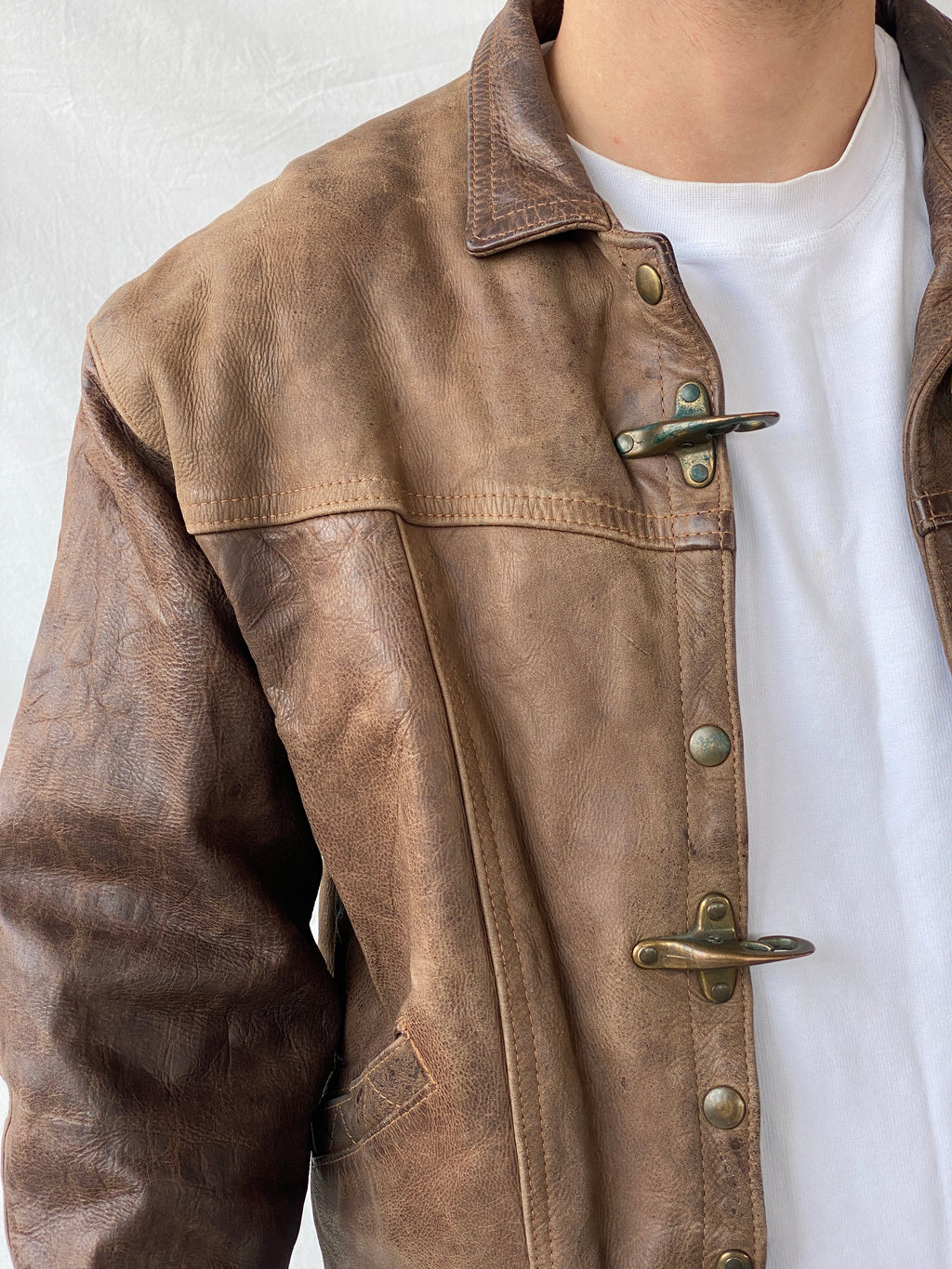 Vintage GELY CUIR Paris Genuine Brown Leather Cropped Heavy Bomber Jacket - S