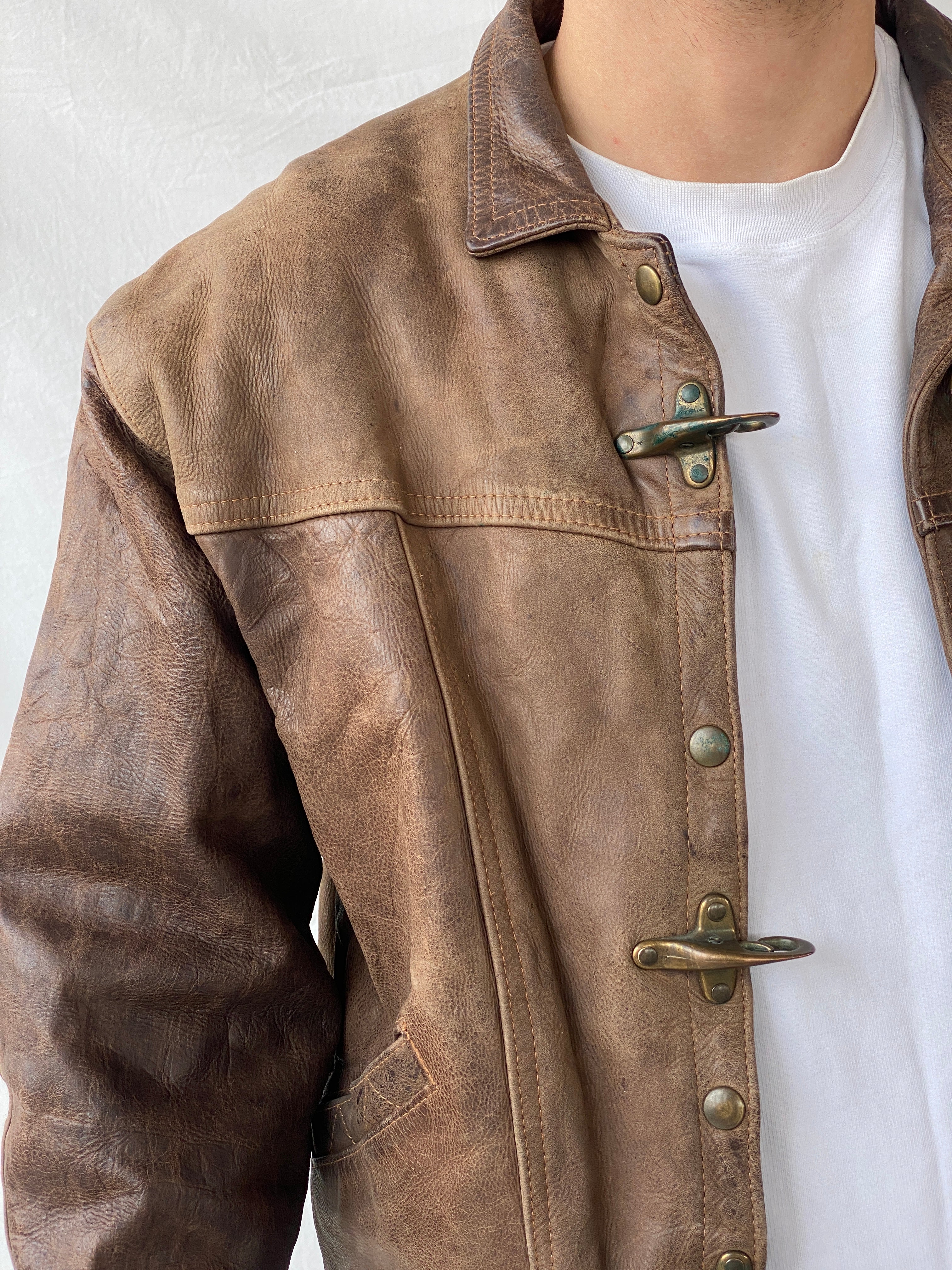 Vintage GELY CUIR Paris Genuine Brown Leather Cropped Heavy Bomber Jacket - S