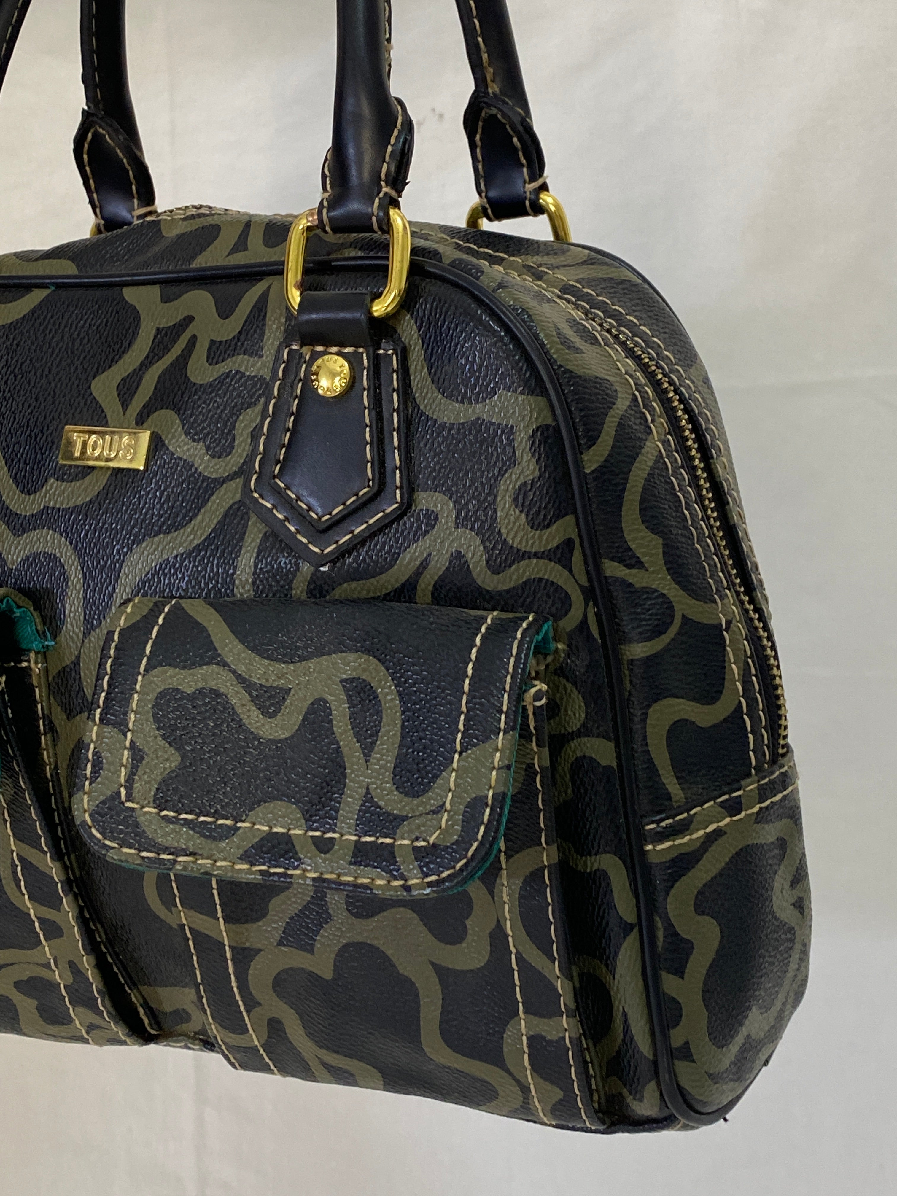 TOUS Kaos Monogram Satchel Bag Black Khaki Bear Logo Bowling Top Handle Purse