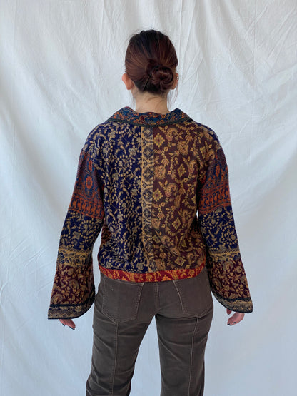 Vintage Embroidered Boho Print Women’s Wool Zip Up Cardigan Jacket - L