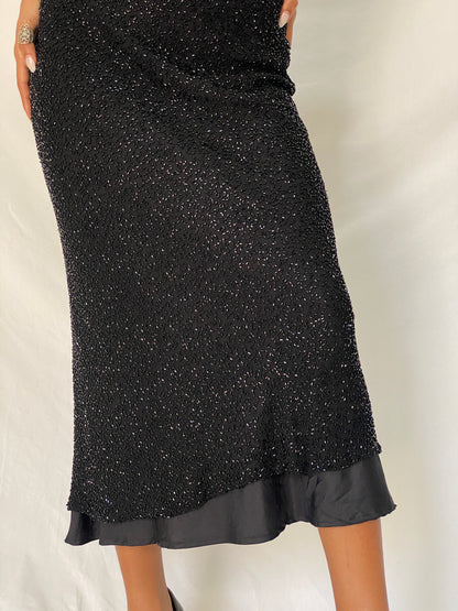 Vintage Y2K Scala Black 100% Silk Beaded Sheer Waist Evening Midi Dress - S