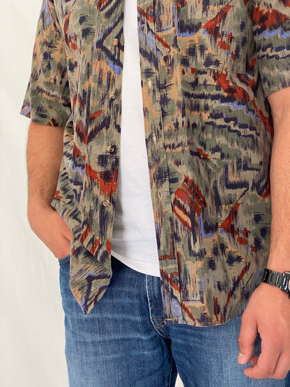 Vintage Bachrach Abstract Short Sleeve Olive Cotton Blend Shirt – L