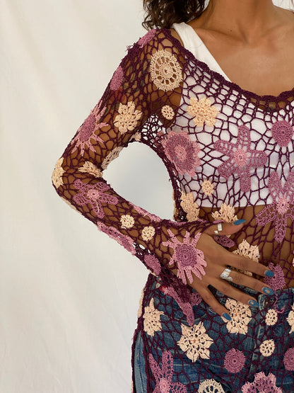 Y2K Floral Crochet Cover-Up Purple & Pink Festival Top – Free Size