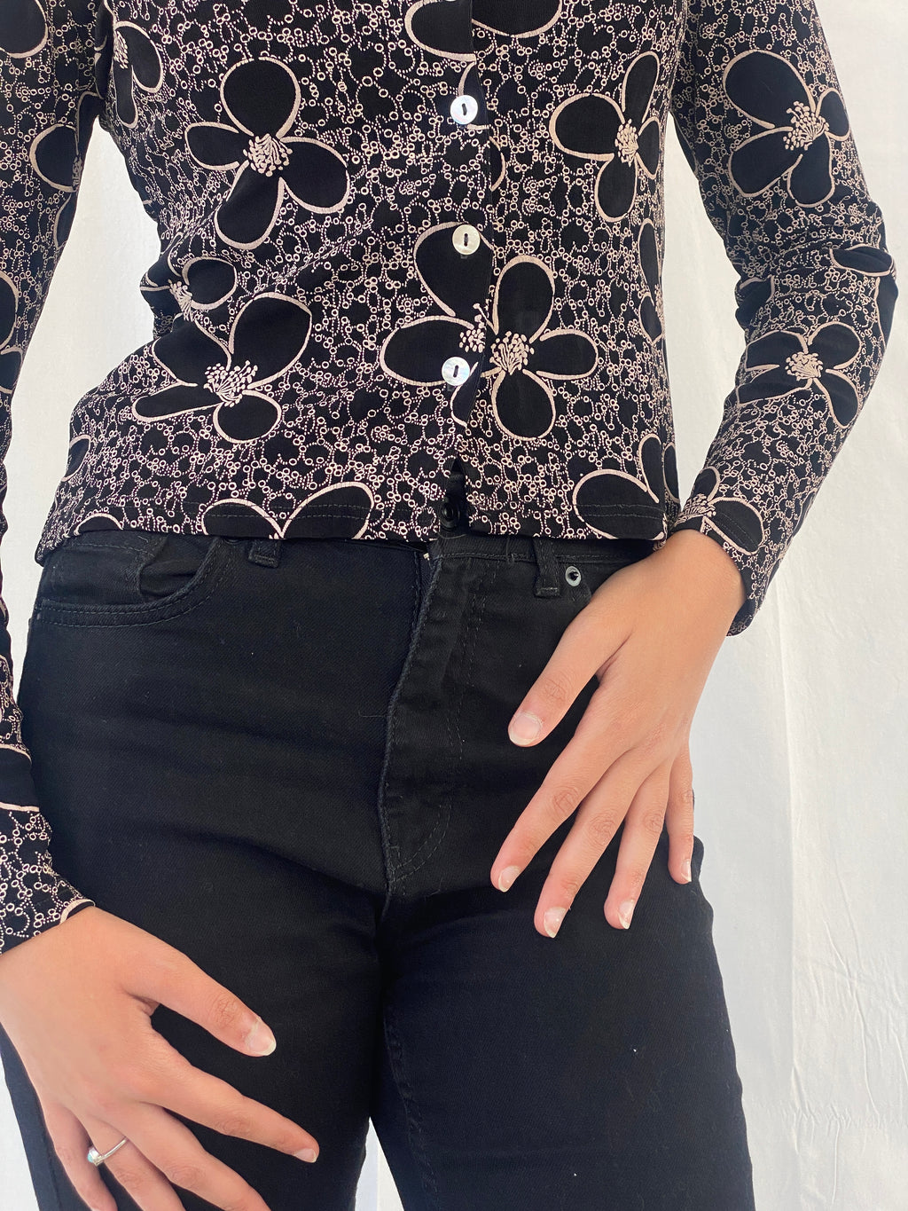 Adorable Y2K Lycra Only By Dupont Floral Button Up Full Sleeve Black Shirt - S