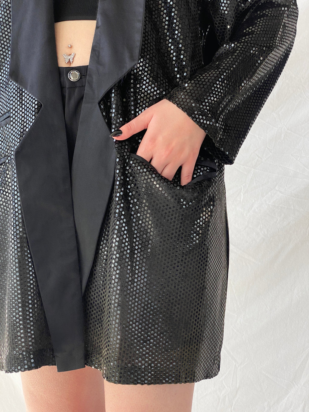 Vintage 90s GENG Sequin Party Long Women’s Blazer with Satin Trim - XL