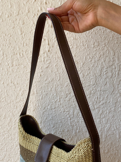 Vintage Y2K Liz Claiborne Neutral Striped Woven Shoulder Bag