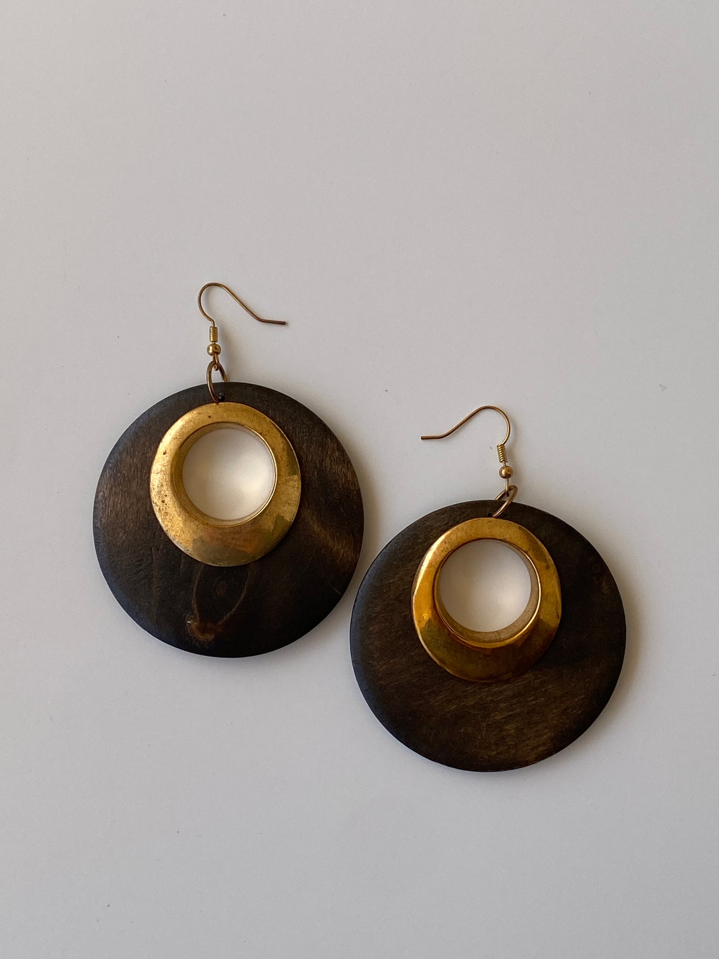 Vintage Dark Wood Round Disc Drop Earrings with Gold Brass Circle Centre