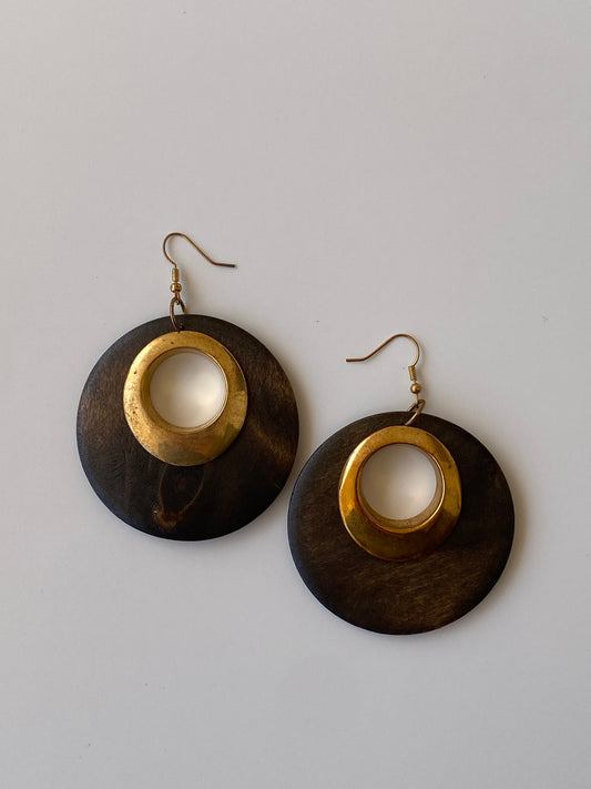 Vintage Dark Wood Round Disc Drop Earrings with Gold Brass Circle Centre