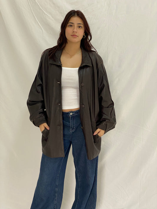 Vintage Brown Leather Coated Oversized Jacket with Textured Collar & Cuff Details - L