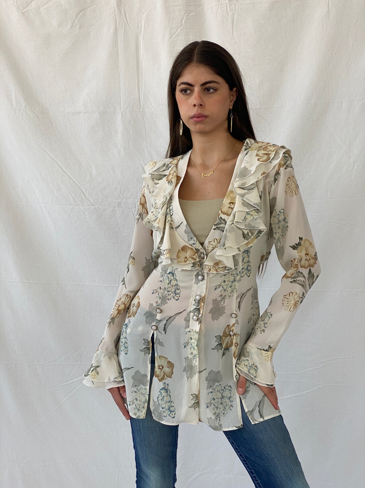 Vintage 90s Hanny London Semi Sheer Floral Cardigan with Ruffled Collar - L