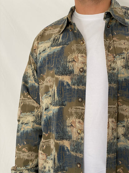 Vintage Woodland Trail Camo Hunting Cotton Button-Up Shirt – XL