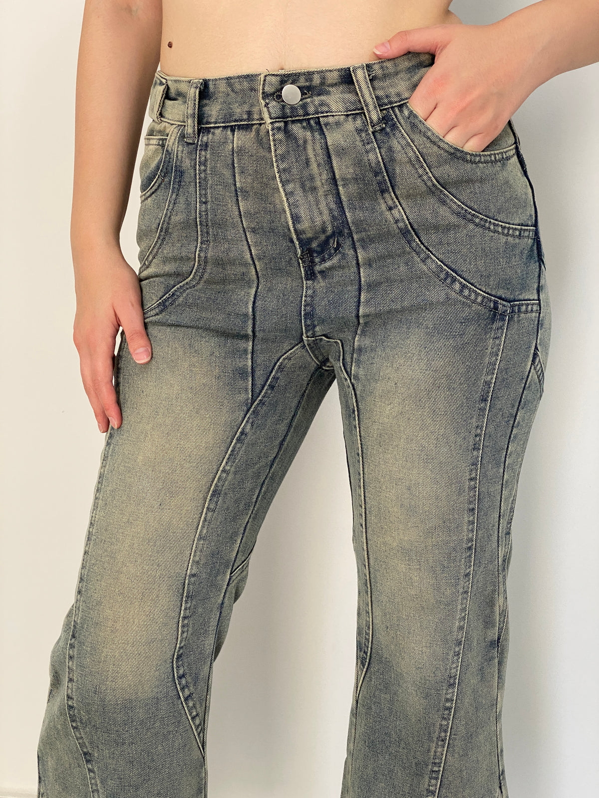 Vintage Y2K Washed Blue Denim Panelled Flare Jeans - 38EUR