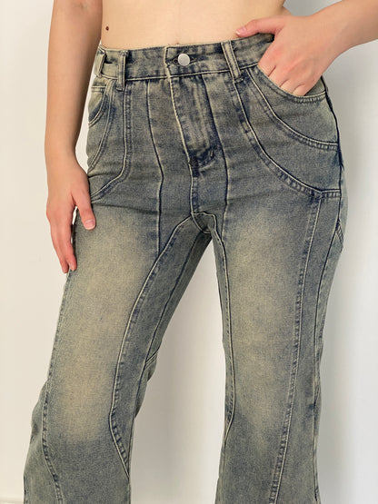 Vintage Y2K Washed Blue Denim Panelled Flare Jeans - 38EUR