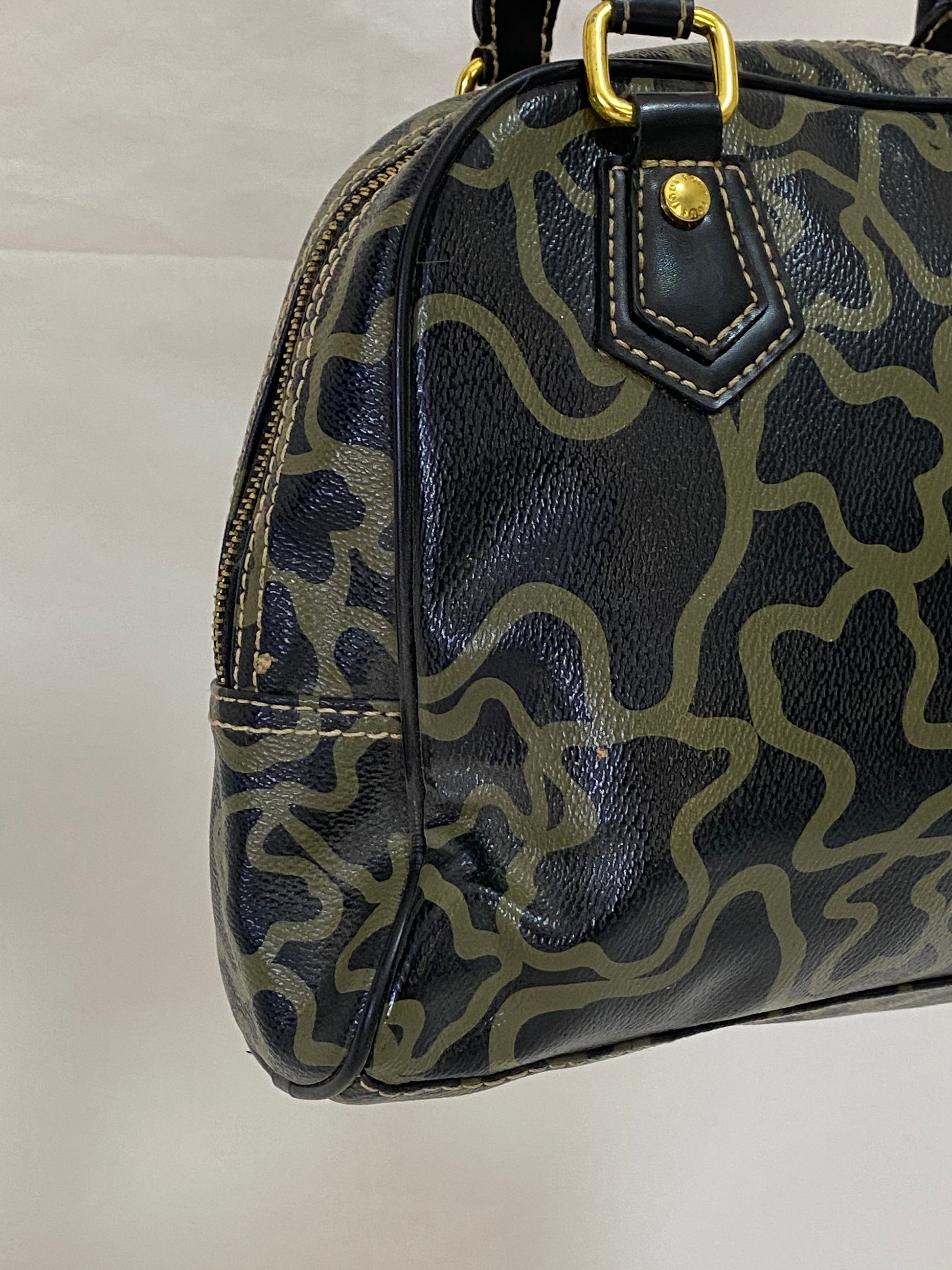 TOUS Kaos Monogram Satchel Bag Black Khaki Bear Logo Bowling Top Handle Purse TOUS Kaos Monogram Satchel Bag Black Khaki Bear Logo Bowling Top Handle Purse