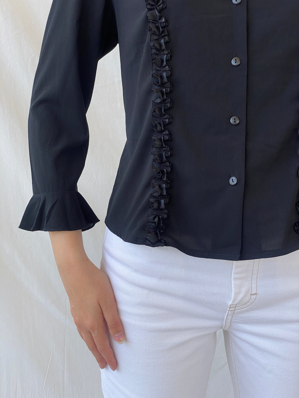 Y2K Under Cover Wear Black Ruffled Office Button Up Shirt - L