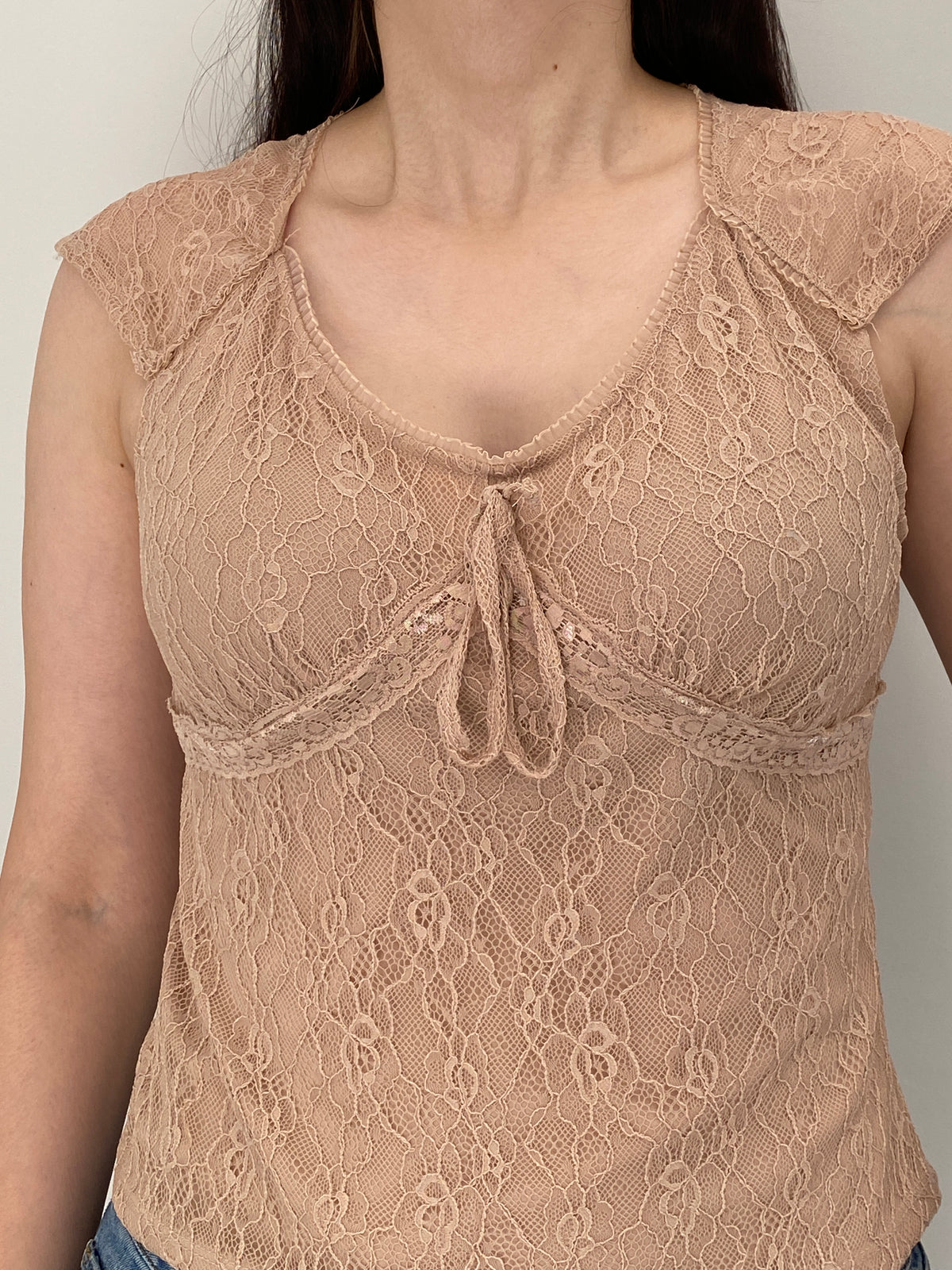 Y2K No Boundaries Nude Floral Lace Tie Front Babydoll Top – Fits S