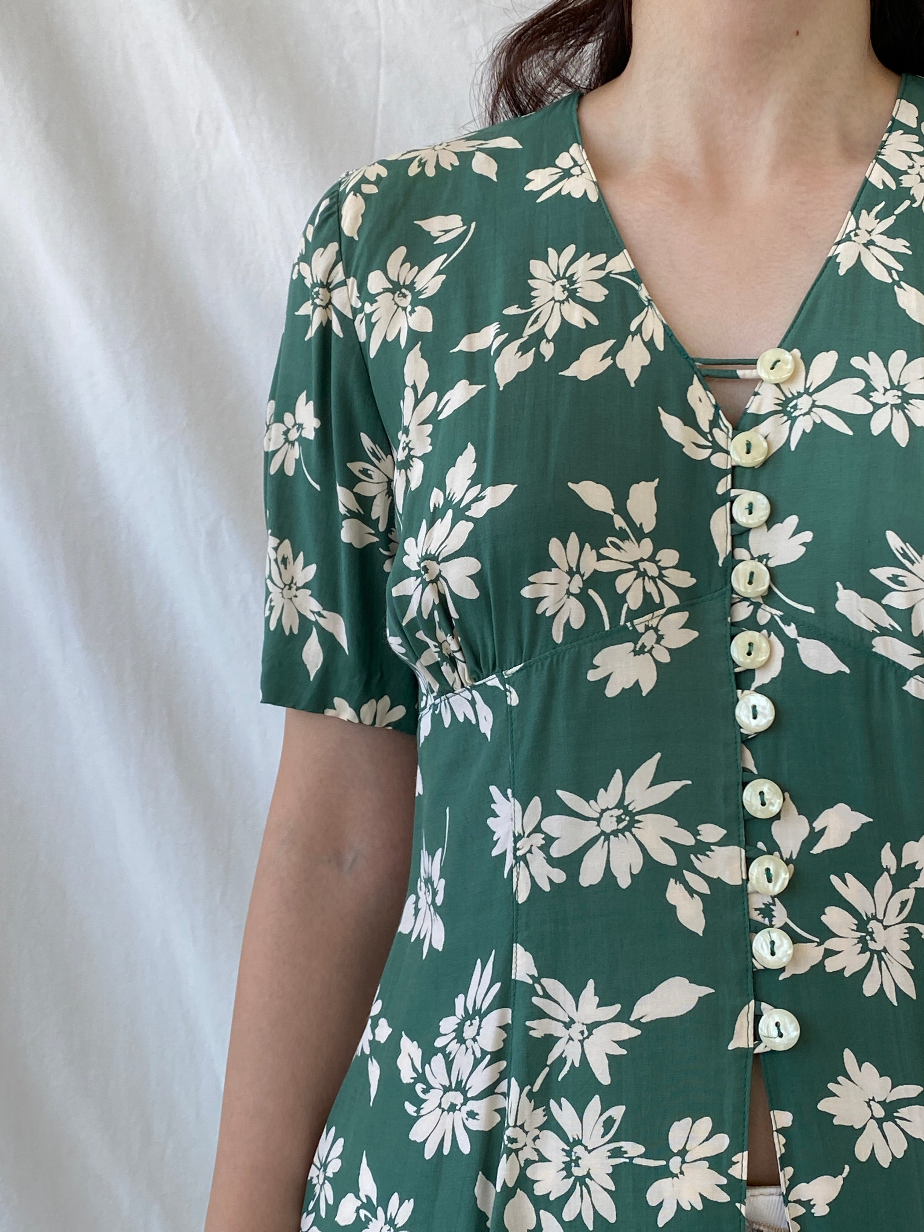 Vintage Promesse Floral Green Short Sleeve Coquette Long Cardigan Shirt - M