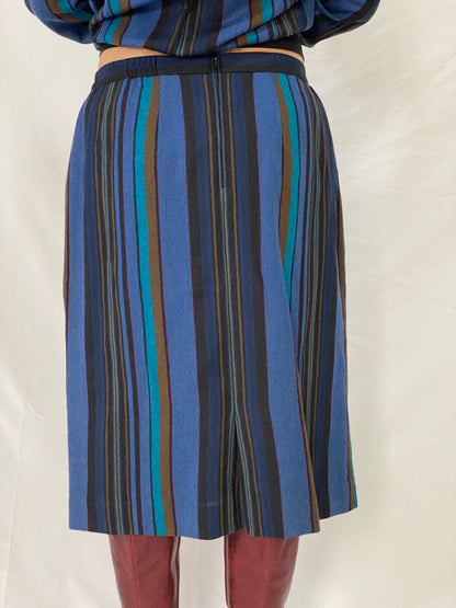 Vintage Pure Wool Sporting Dress Skirt & Jacket Set Blue Striped Two-Piece Set - L